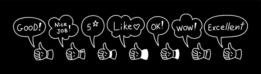 Thumb up doodle blackboard. Crayon scribble. Restaurant, cafe menu and chalkboard design element. Comic speech bubble set. Positive feedback. Like symbol