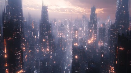 Fototapeta premium Futuristic cityscape with towering structures and glowing lights.