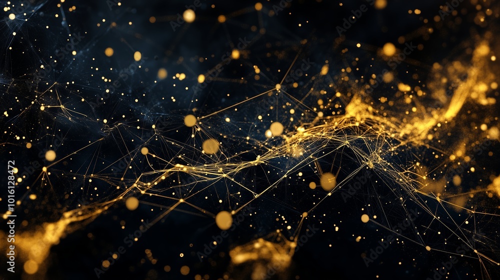 Poster a stunning golden abstract pattern with glowing particles and intricate lines illuminated against a 