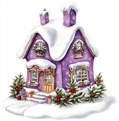 Illustration of an adorable little purple house decorated for Christmas, surrounded by snow and mistletoe clipart on a white background