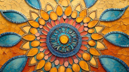 A colorful mosaic pattern with a circular design in the center, featuring various shades of blue, yellow, orange, pink, and red.