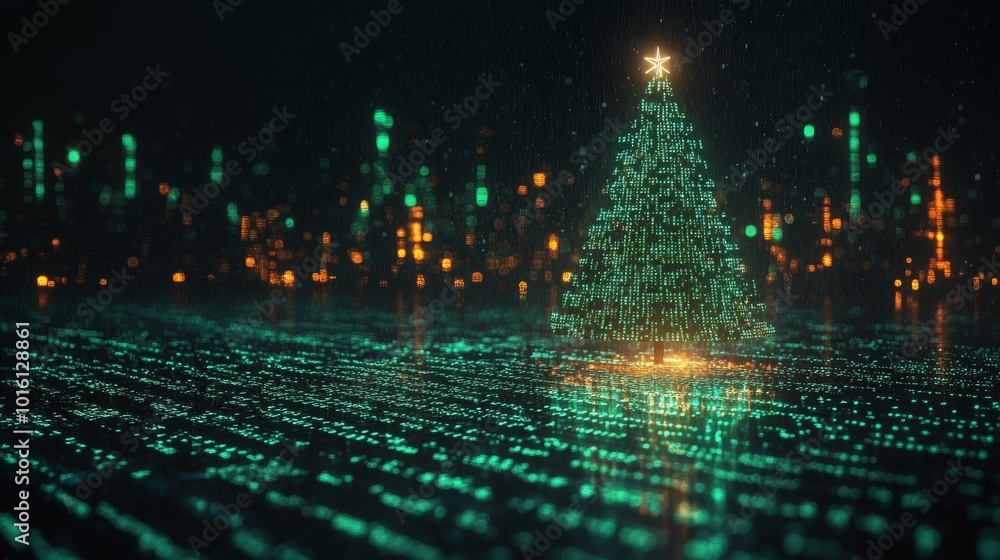 Poster a mesmerizing christmas tree constructed from neon green binary code glowing in a digital landscape