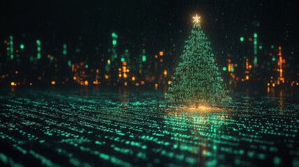 A mesmerizing Christmas tree constructed from neon green binary code glowing in a digital landscape