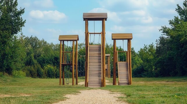 Zip line playground with low and high zip lines for children of different ages, playground, zip line playground