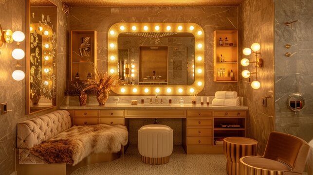 photograph of A glamorous Hollywood-style bathroom with a vanity mirror surrounded by lights, a plush seating area, and elegant gold accents throughout.