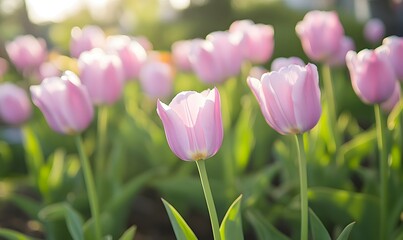 Fototapeta premium A bed of purple tulips in a garden, Generative AI