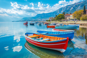 A group of colorful boats sitting on top of a body of water