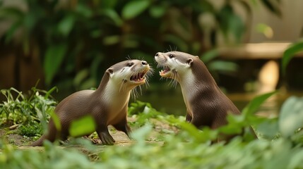 Playful Otters Frolicking by a Serene Riverbank | Nature Wildlife Photography | Pair of Otters Surrounded by Lush Greenery | Cute Animal Behavior | Otters Playing Near Water in Natural Habitat