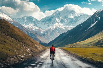 Fototapeta premium A cyclist rides along a scenic road surrounded by majestic mountains and lush landscapes under a clear blue sky.
