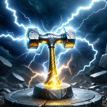 A powerful hammer surrounded by lightning and dramatic clouds.