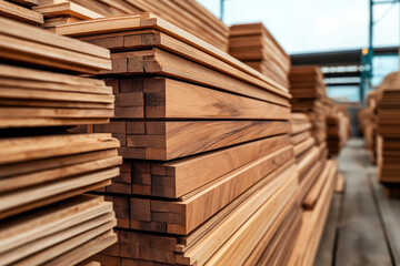 Stacked wooden planks are arranged neatly in a lumberyard, showcasing various types of timber ready for construction or woodworking projects.