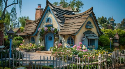 Obraz premium photograph of A pastel-colored cottage with a thatched roof, blooming flower boxes, and a picket fence, exuding a fairytale-like charm.