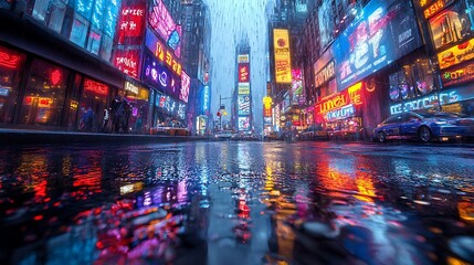 Obraz premium A rainy night in Times Square, New York City, with vibrant neon signs reflecting in puddles on the wet street.