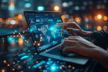 Businessman Analyzing Performance with AI Technology and Data Science on Laptop Using Virtual Growth Charts and KPI Dashboard for Corporate Research and Financial Insights