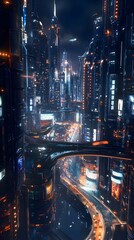 Fototapeta premium Futuristic cityscape with illuminated skyscrapers and highways.