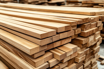 Stacked wooden planks in a lumber yard or carpentry workshop, showcasing a large quantity of uniform, cut, and finished timber boards.