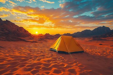 Camping Tent in Desert Landscape at Sunset, Highlighting Travel and Outdoor Adventure