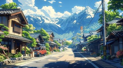 anime japanese street with houses and cars beautiful mountains landscape sunny day digital art cozy lofi asian architecture