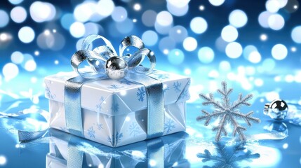Soft cream-wrapped gift with a silver snowflake ornament and silk ribbon