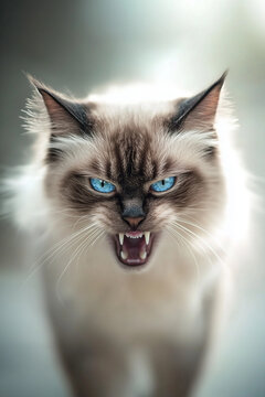 Angry cat with striking blue eyes and bared teeth, showcasing fierce expression in soft light