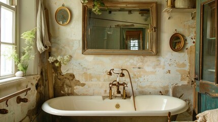 photograph of A vintage-inspired bathroom with a clawfoot tub, brass faucets, and antique mirrors, for a classic, old-world charm.