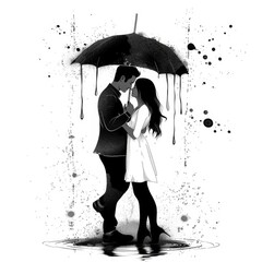Minimalist line art of a couple sharing an umbrella in the rain, love, romance, simplicity