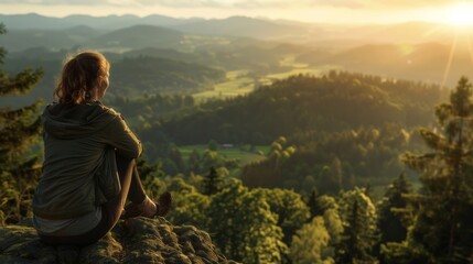 Naklejka premium A woman sitting on a rock, enjoying the beautiful sunset over the mountain landscape. Nature brings peace and joy to her heart.
