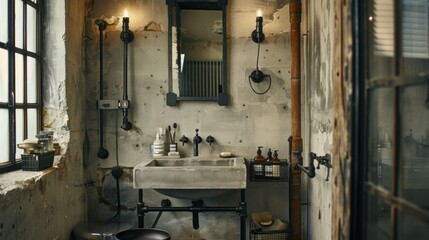 photograph of An industrial-style bathroom with exposed metal pipes, a concrete sink, and matte black fixtures, creating a bold, edgy aesthetic.