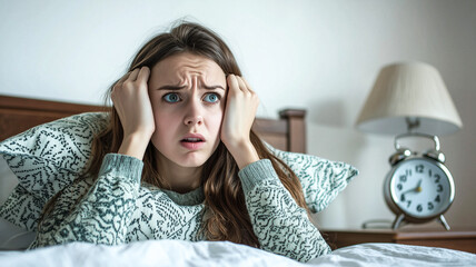 Frustrated Woman with Insomnia Blocking Out Alarm Noise in Bedroom.