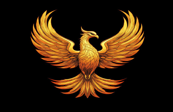A majestic phoenix rising from ashes, its golden feathers radiate strength and resilience against black background. This powerful symbol embodies rebirth and transformation