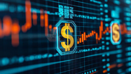 Fototapeta premium Digital currency exchange with holographic dollar symbols and fluctuating graphs creates futuristic financial atmosphere