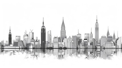 Fototapeta premium A detailed black and white illustration of a city skyline showcasing iconic skyscrapers and architectural beauty.