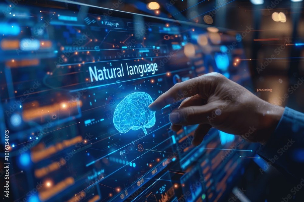 Poster businessman touching virtual screen natural language processing digital brain ai technology interfac