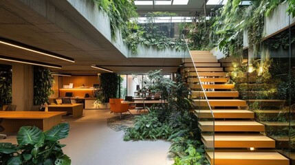 A sleek stairs, clear dividers, and interior flora highlight the modern design of this classy coworking space in Madrid, Spain.