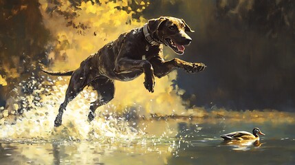 Brown Dog Leaping in Water with Duck in Background.