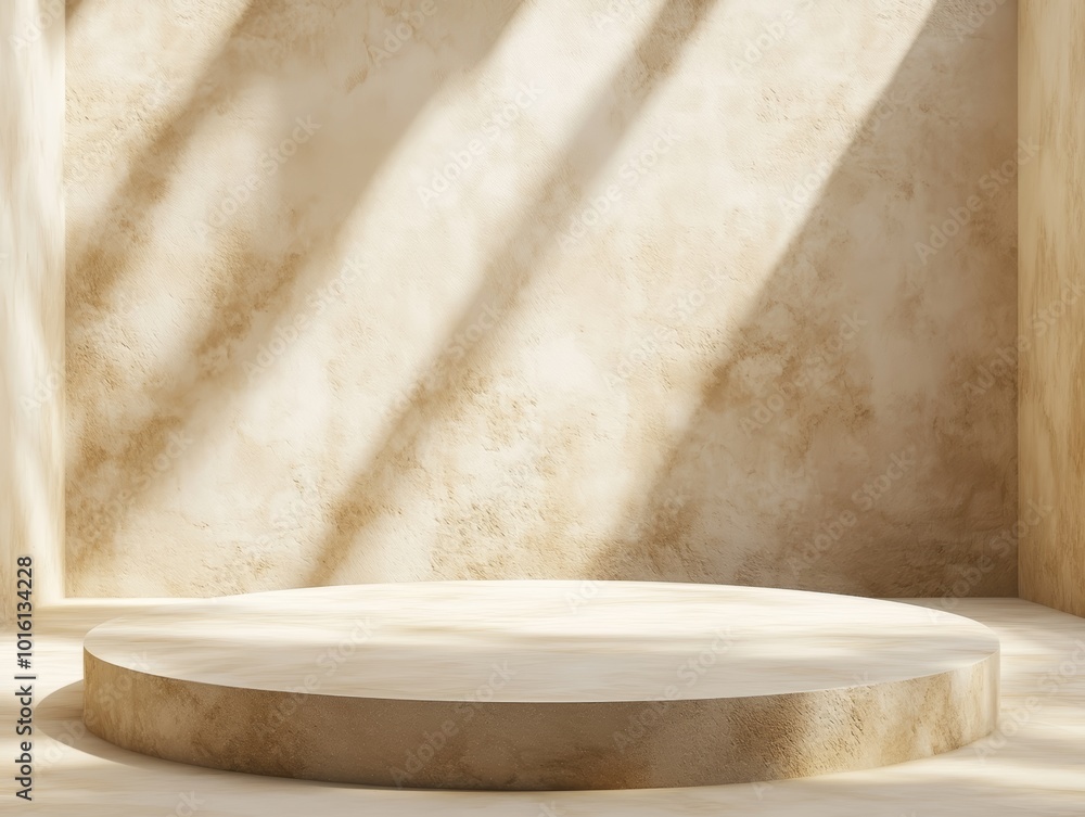 Aufkleber minimalist empty stage with soft lighting and textured walls in warm tones.