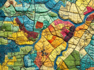 Obraz premium A colorful, textured, and abstract map of a city, depicting rivers, roads, and various neighborhoods with different colors.