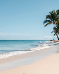 Obraz premium A serene tropical beach scene with calm waves lapping at shore, palm trees swaying gently in breeze, and few people relaxing in distance