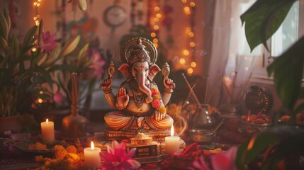 Vibrant Ganesh Idol Surrounded by Flowers and Candles for Peaceful Vibes