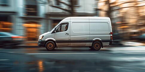 white delivery van on blurred city street, fast moving minivan for logistics and transport, commercial courier service in motion, banner with copy space