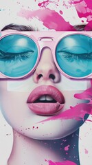 Fototapeta premium A vibrant portrait of a woman with bold makeup and colorful sunglasses, showcasing creativity and modern art aesthetics.