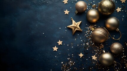 Fototapeta premium Golden Christmas Ornaments and Stars on a Blue Background