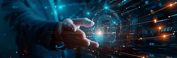 Cyber Security Businessman with Digital Padlock Virtual Screen Data Protection Technology Blue Background