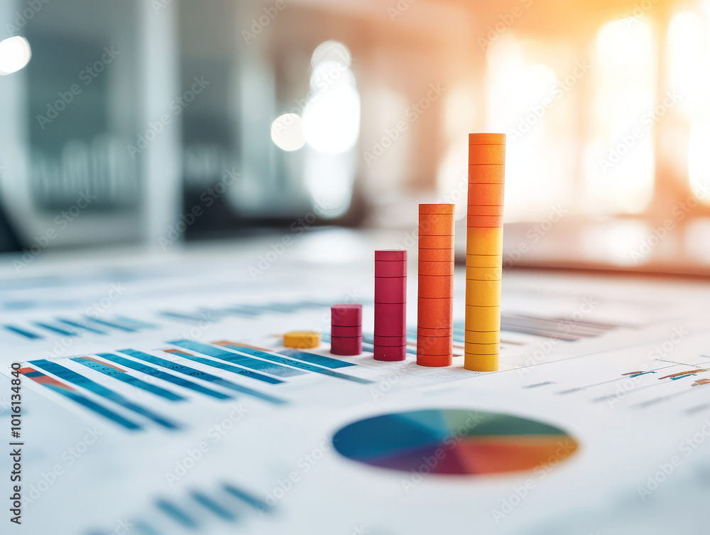 Poster image features colorful financial logs with vibrant hues, showcasing growth through bar graphs and p