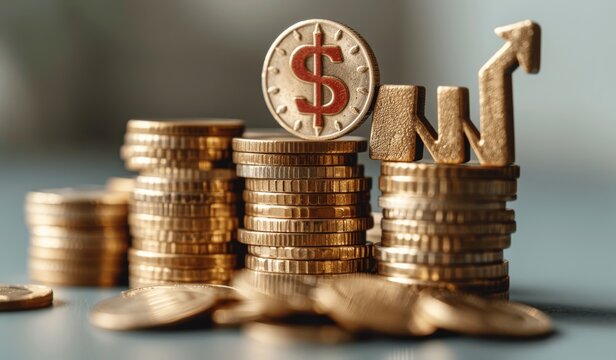 Coins stacking with up arrow and percent sign showing financial growth and increasing interest rates in banking and investment