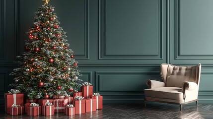 A large Christmas tree with red and gold ornaments sits in front of a chair