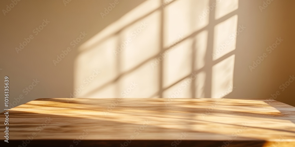 Poster close-up of a wooden table with soft shadows from a window, creating a warm ambiance.