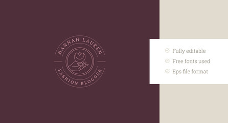 Elegant female witch hand with crescent and star line art logo design template vector illustration. Mythology sacred esoteric circle minimalist linear logotype for spa wellness cosmetic brand