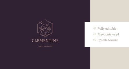 Feminine hands with crystal gem geometric line art logo design template vector illustration. Gentle arms with brilliant diamond gemstone linear logotype for luxury beauty salon skin care brand