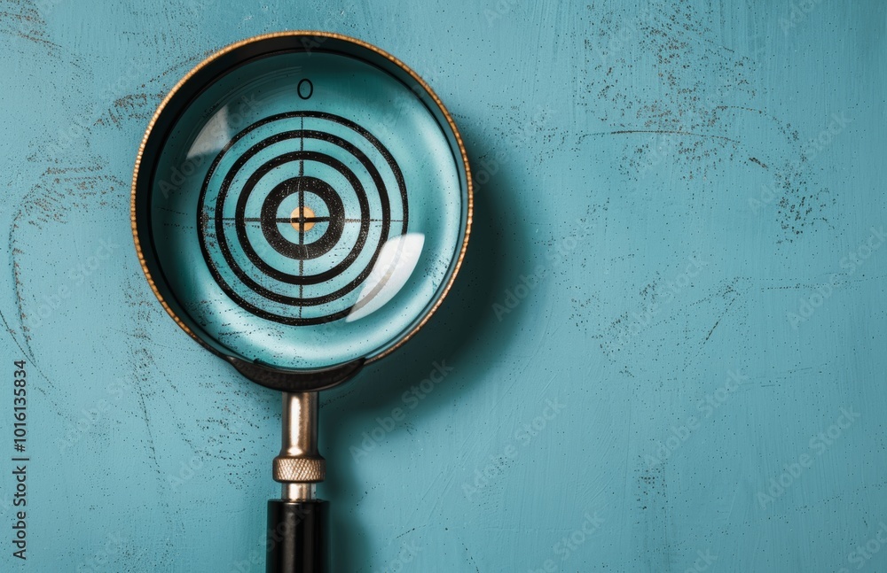 Poster magnifying glass with target on blue background representing vision and goal setting for business ex